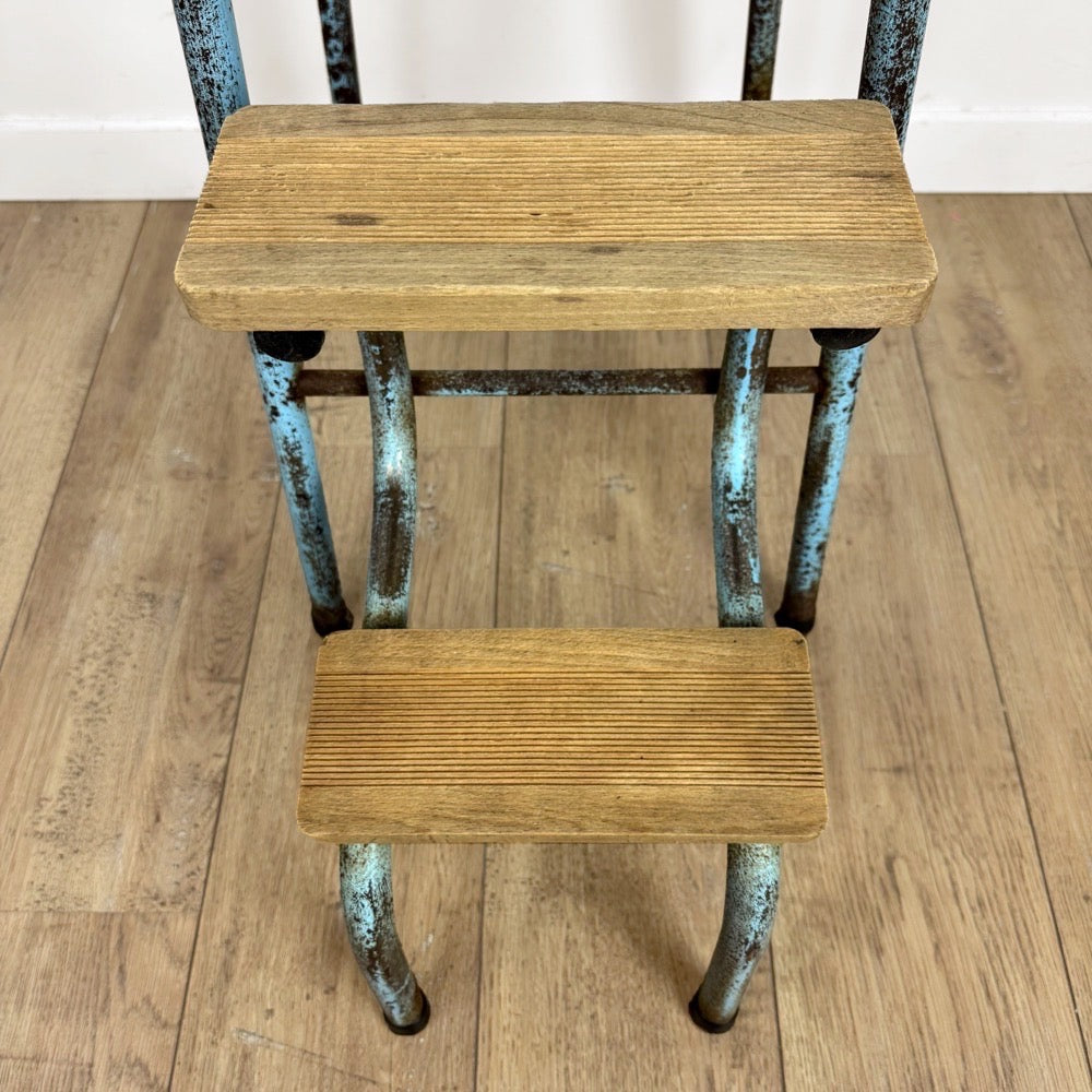 Escabeau 3 marches pliable bois et métal bleu vintage
