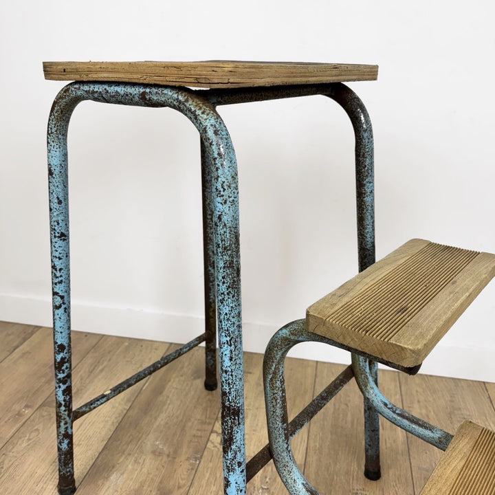 Escabeau 3 marches pliable bois et métal bleu vintage