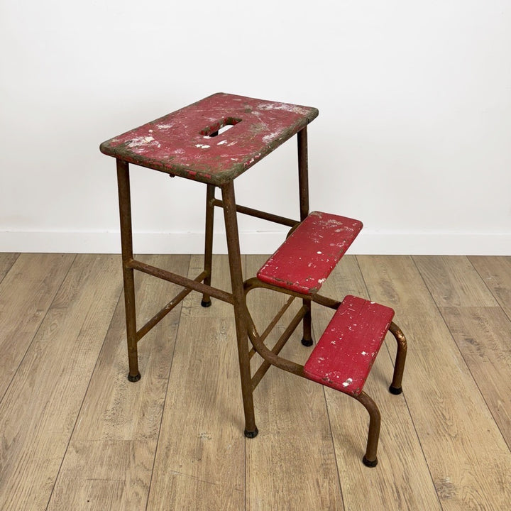 Escabeau 3 marches bois et métal rouge vintage