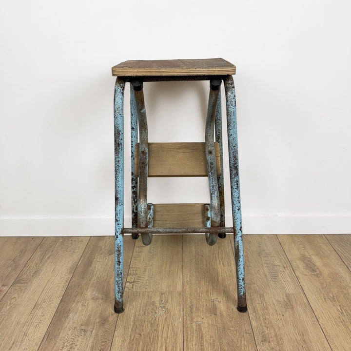 Escabeau 3 marches pliable bois et métal bleu vintage