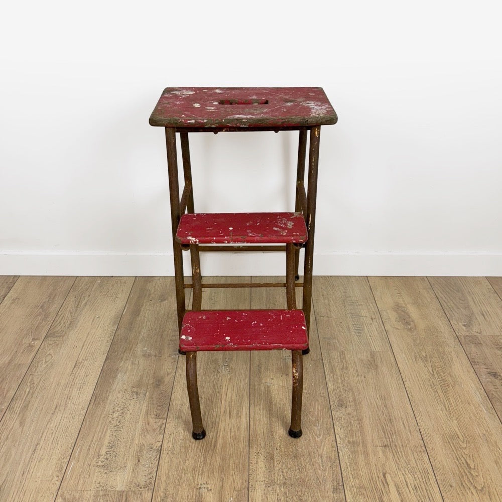 Escabeau 3 marches bois et métal rouge vintage