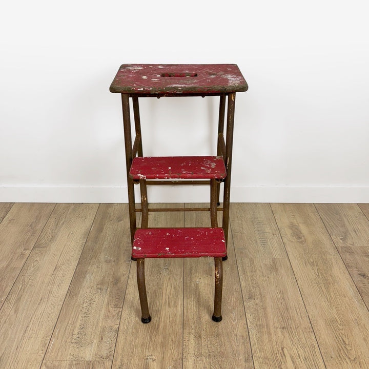Escabeau 3 marches bois et métal rouge vintage