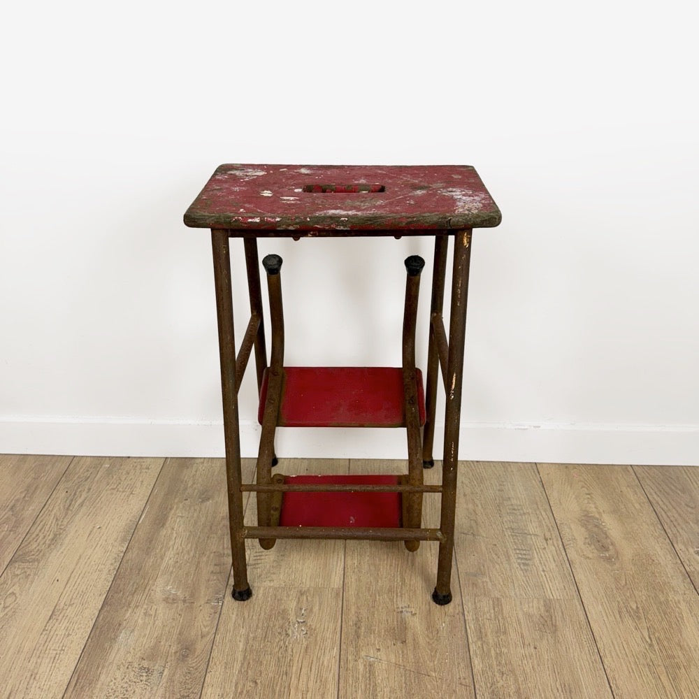 Escabeau 3 marches bois et métal rouge vintage