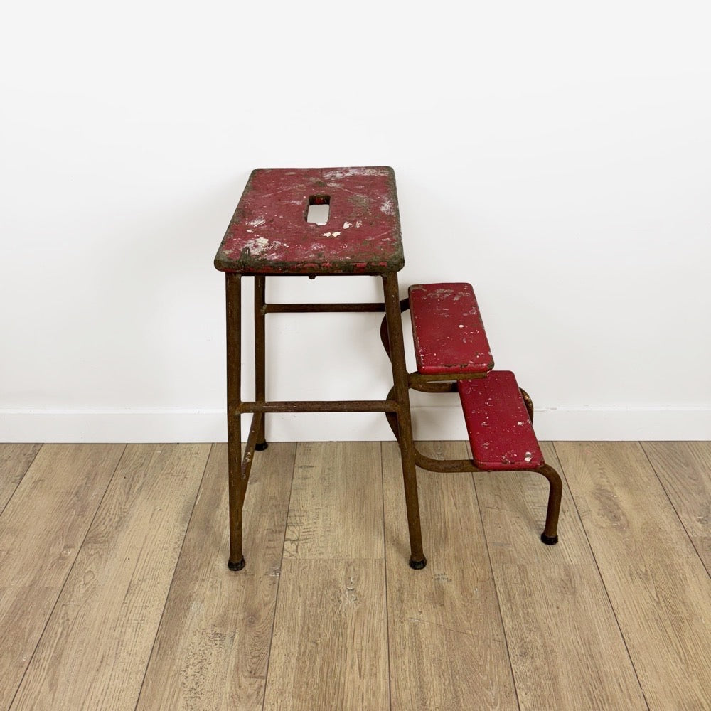 Escabeau 3 marches bois et métal rouge vintage