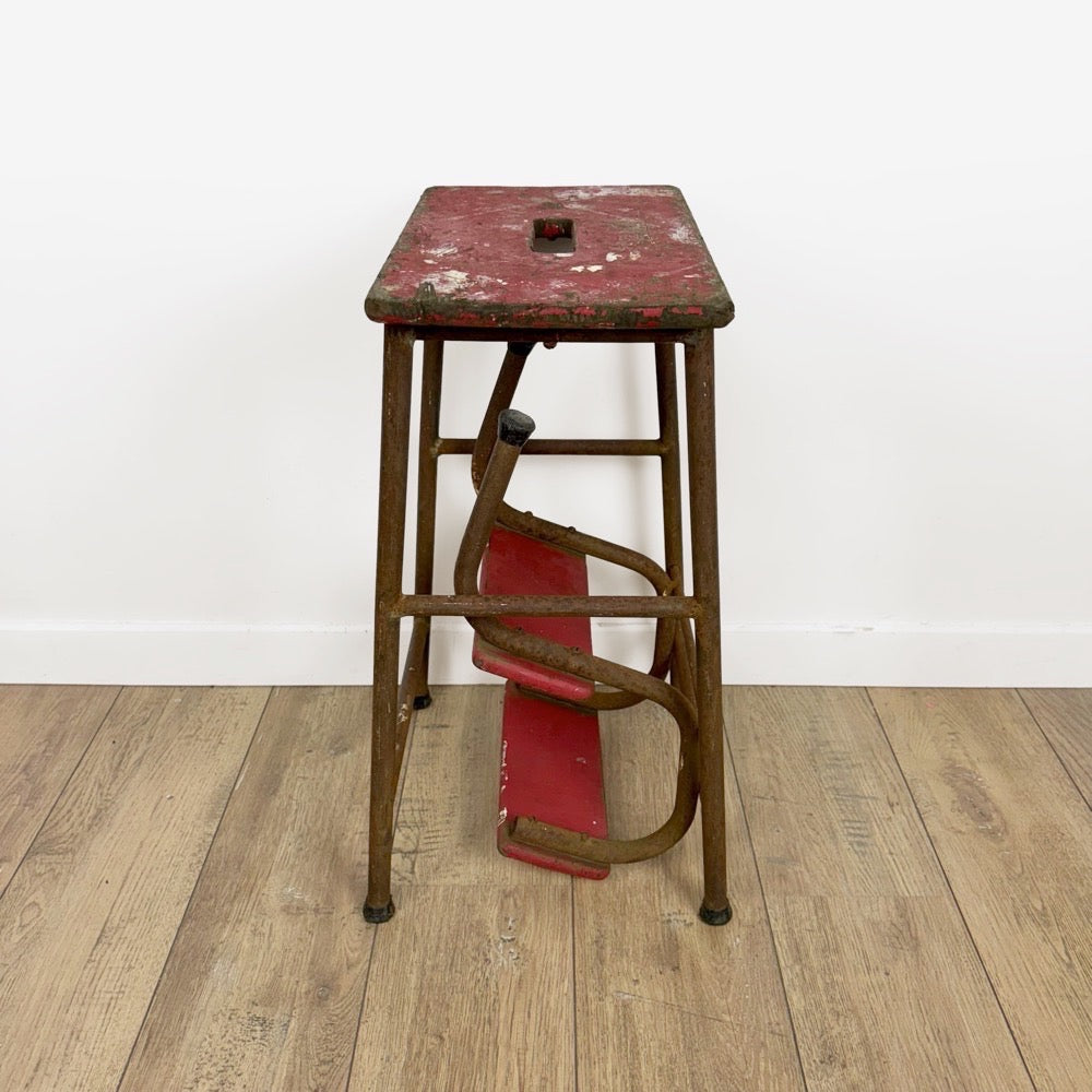 Escabeau 3 marches bois et métal rouge vintage