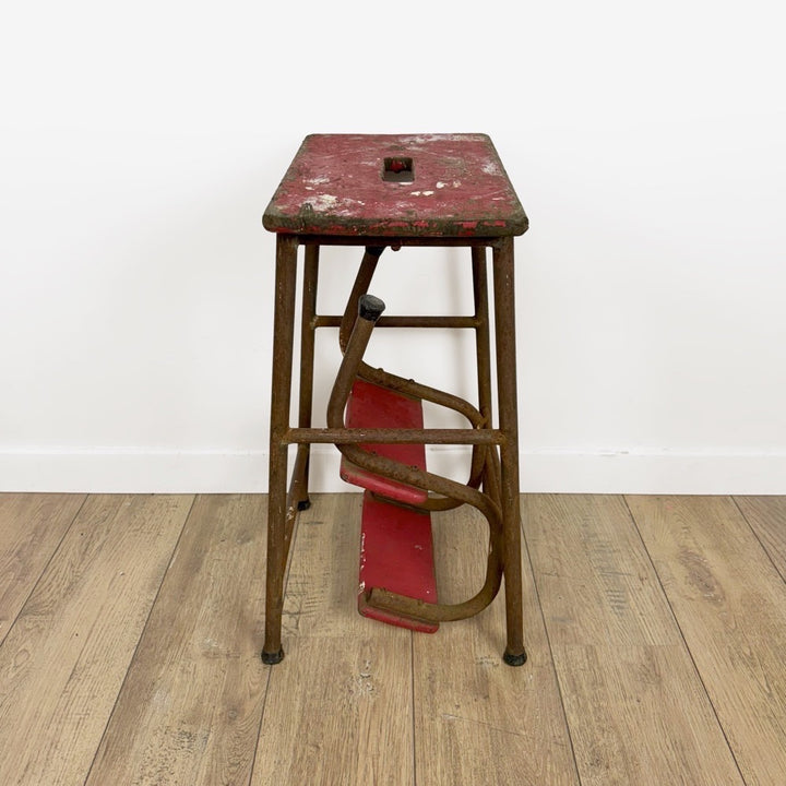 Escabeau 3 marches bois et métal rouge vintage