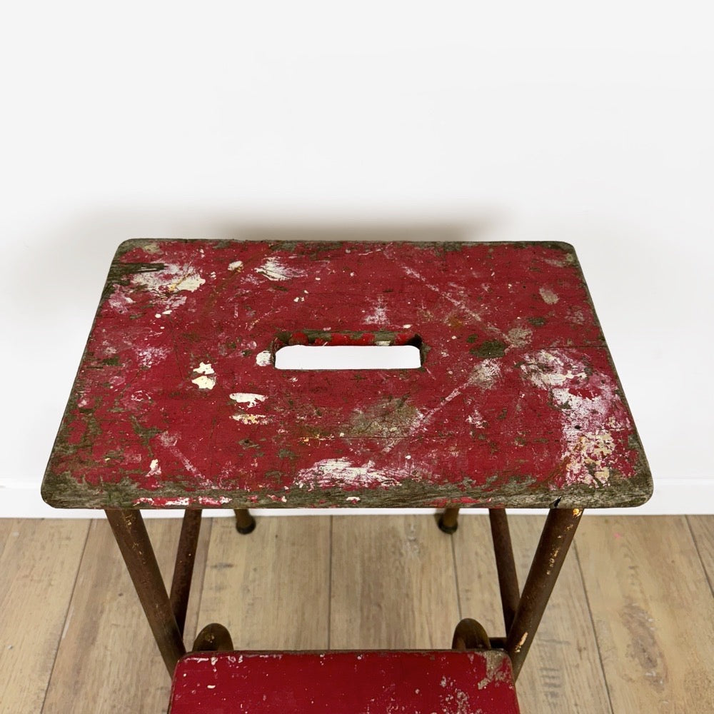 Escabeau 3 marches bois et métal rouge vintage