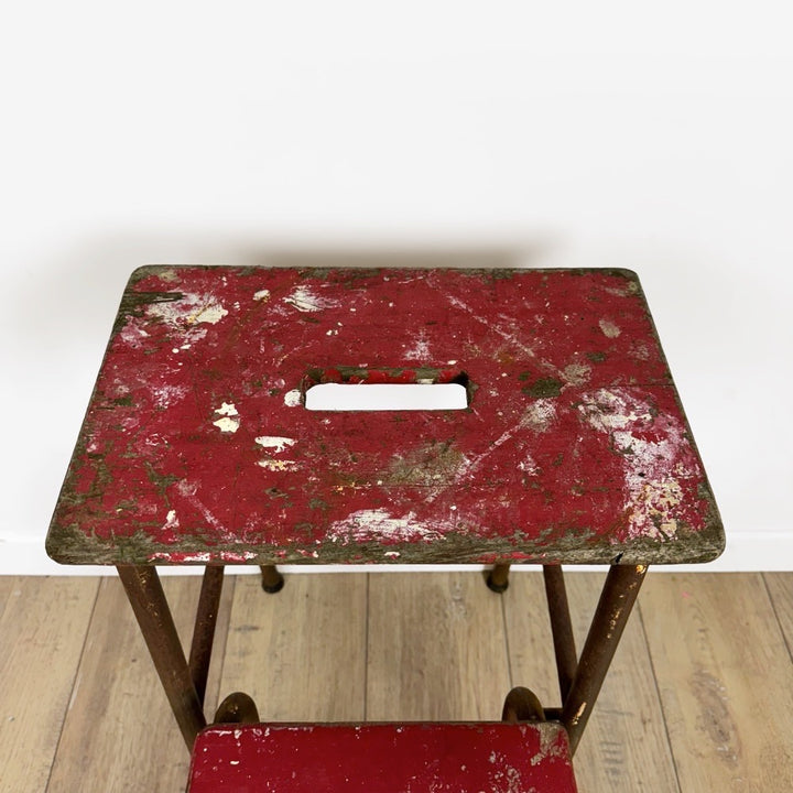 Escabeau 3 marches bois et métal rouge vintage
