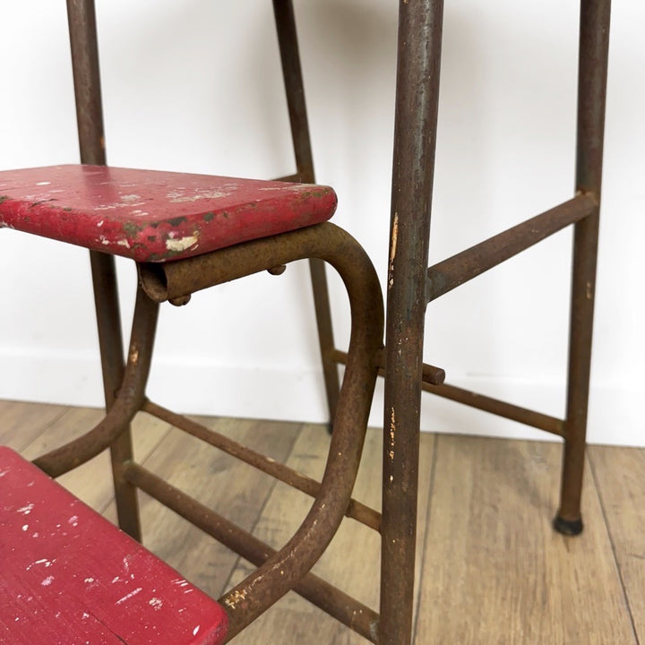 Escabeau 3 marches bois et métal rouge vintage