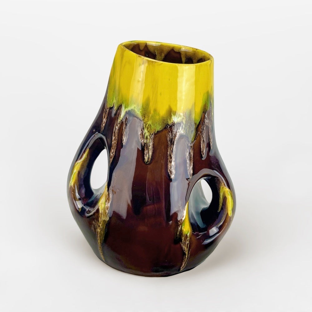 Vase à anse en céramique émaillée à coulures vintage