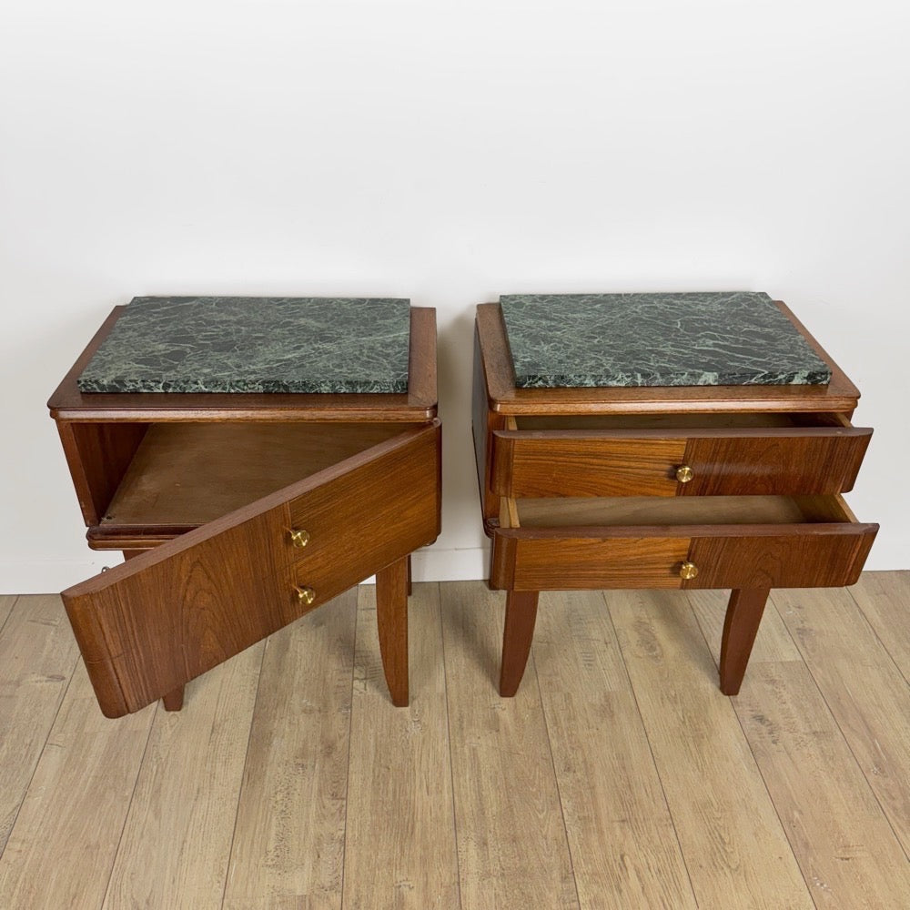 Chevets ou tables d'appoint chêne et marbre vert de mer