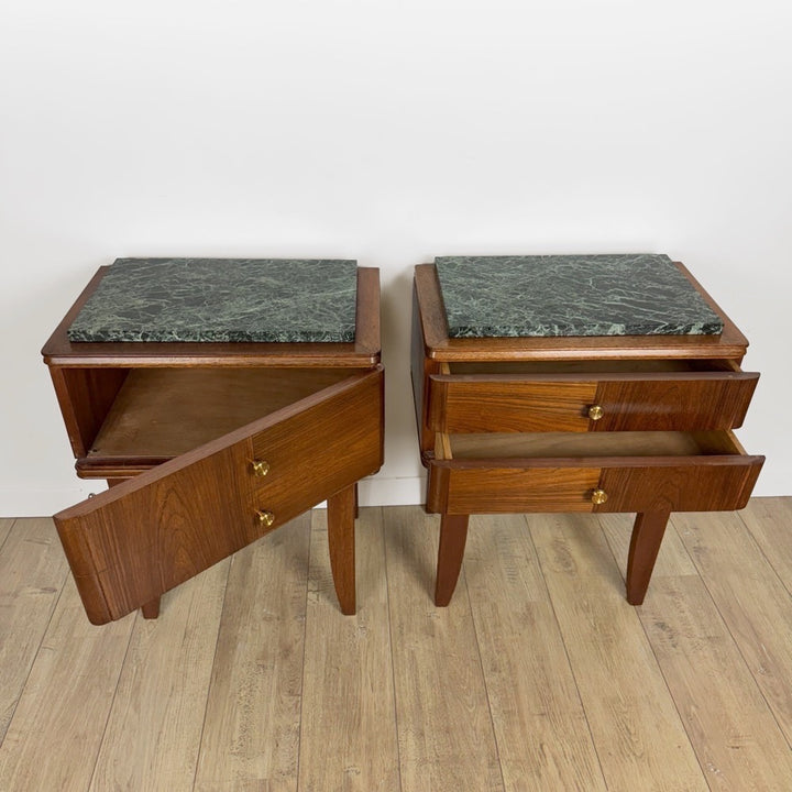 Chevets ou tables d'appoint chêne et marbre vert de mer