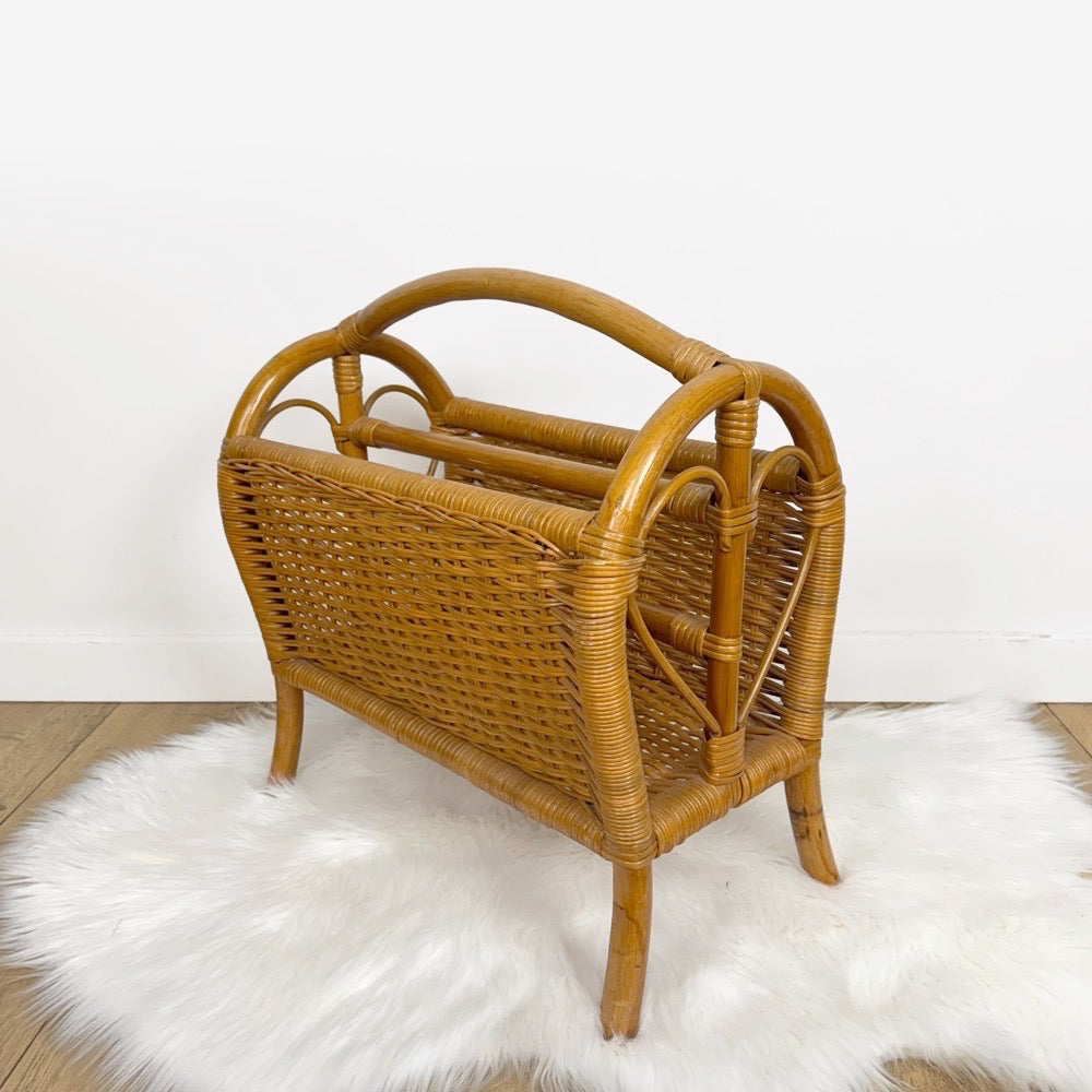 Porte-revues bambou et rotin teinte caramel vintage