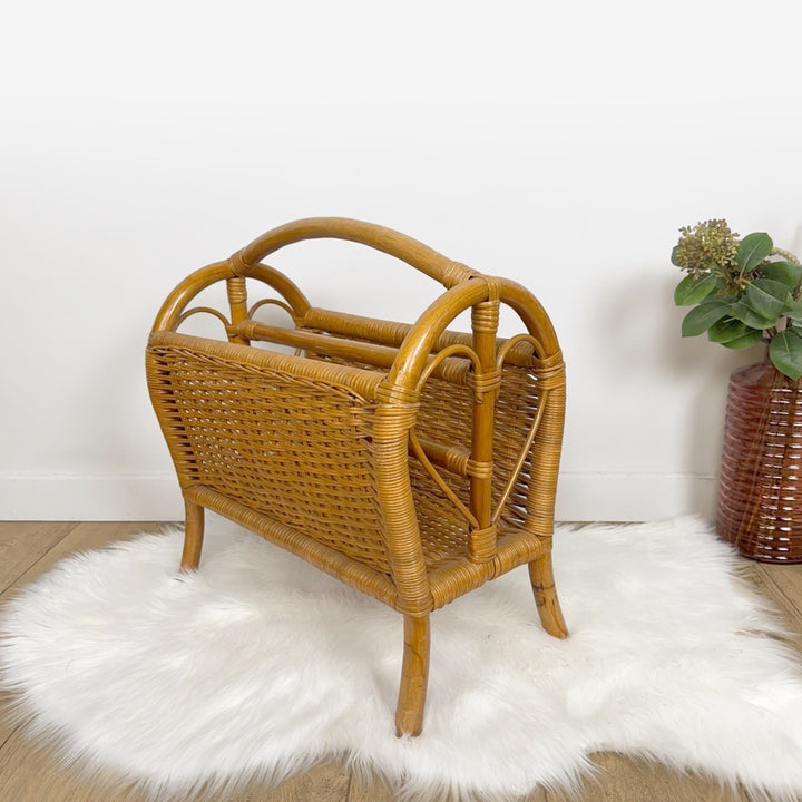 Porte-revues bambou et rotin teinte caramel vintage