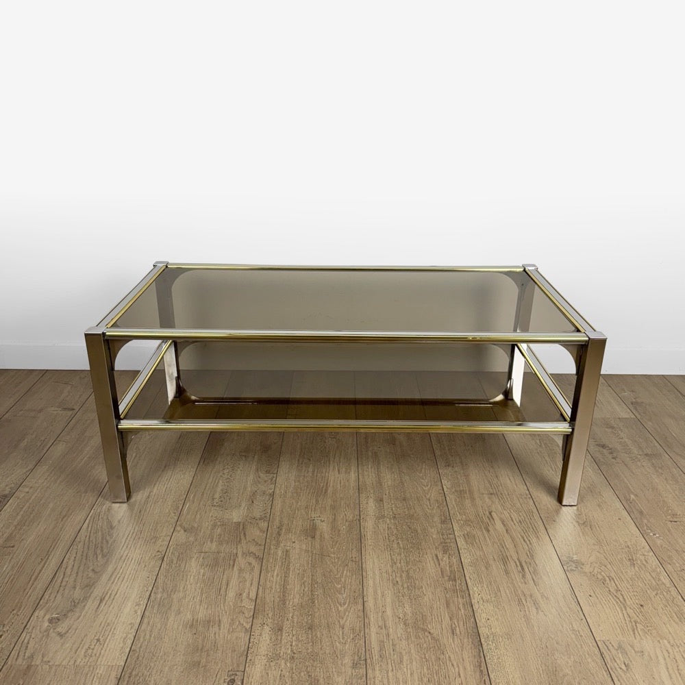 Table basse chrome et verre fumé double plateau années 70