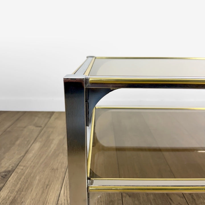 Table basse chrome et verre fumé double plateau années 70