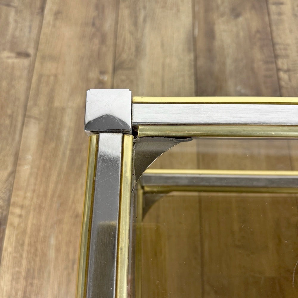 Table basse chrome et verre fumé double plateau années 70