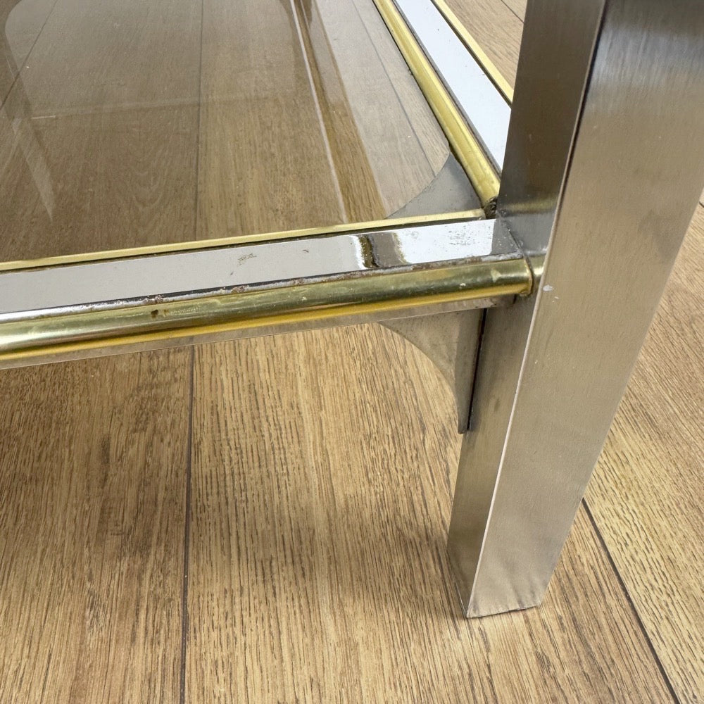 Table basse chrome et verre fumé double plateau années 70