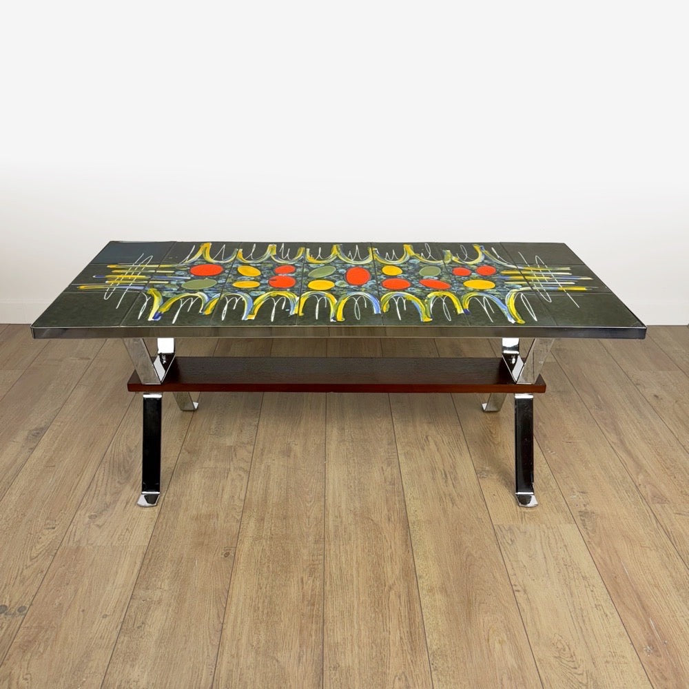 Table basse design en céramique et chrome années 70