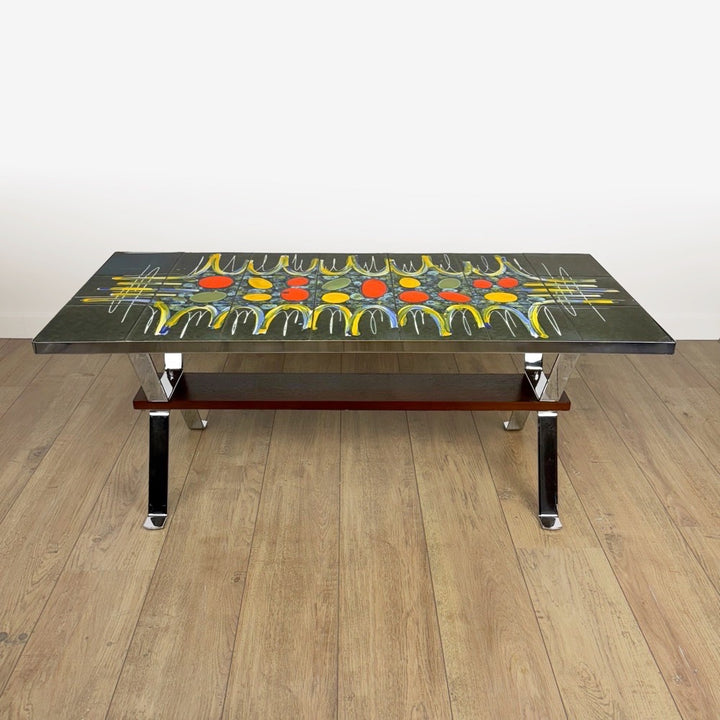 Table basse design en céramique et chrome années 70