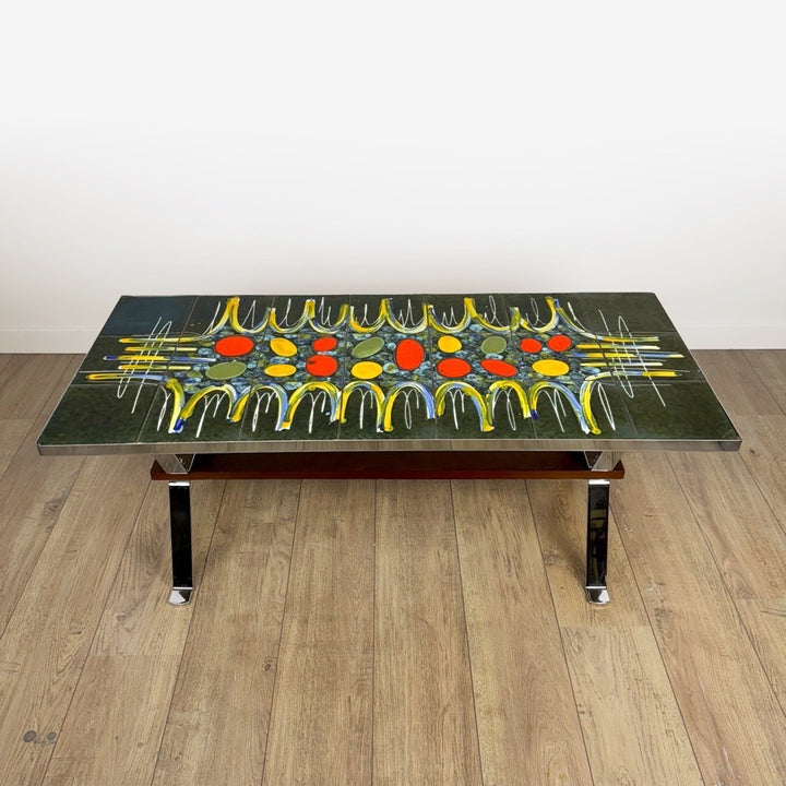 Table basse design en céramique et chrome années 70