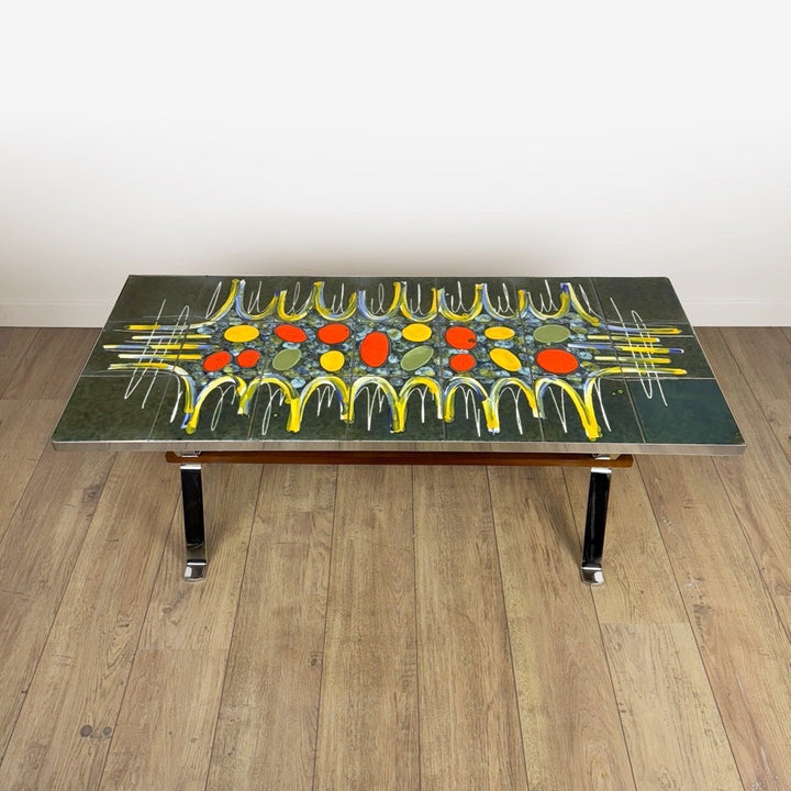 Table basse design en céramique et chrome années 70