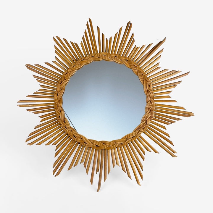 Miroir soleil au cadre étoilé bois et osier années 70