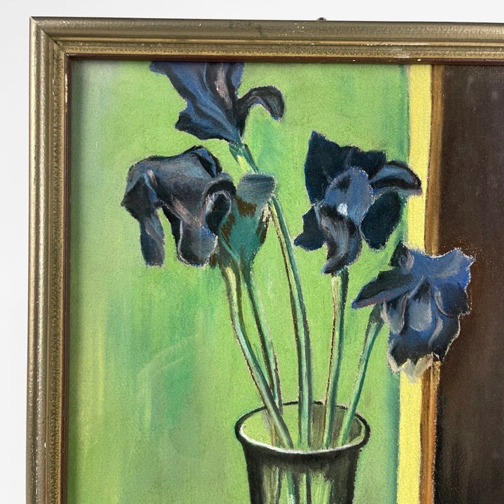 Pastel ancien "Iris bleus" sur bois