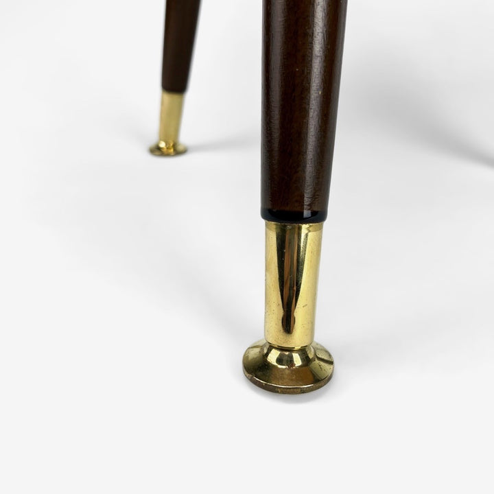 Guéridon tripode verre bois et laiton motifs graphiques années 50