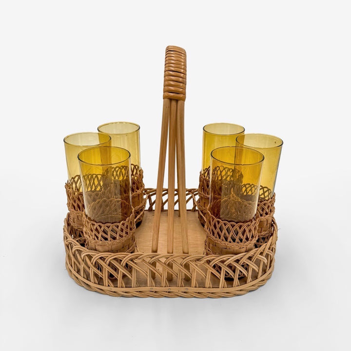 Service à orangeade verres ambrés et panier osier 60's