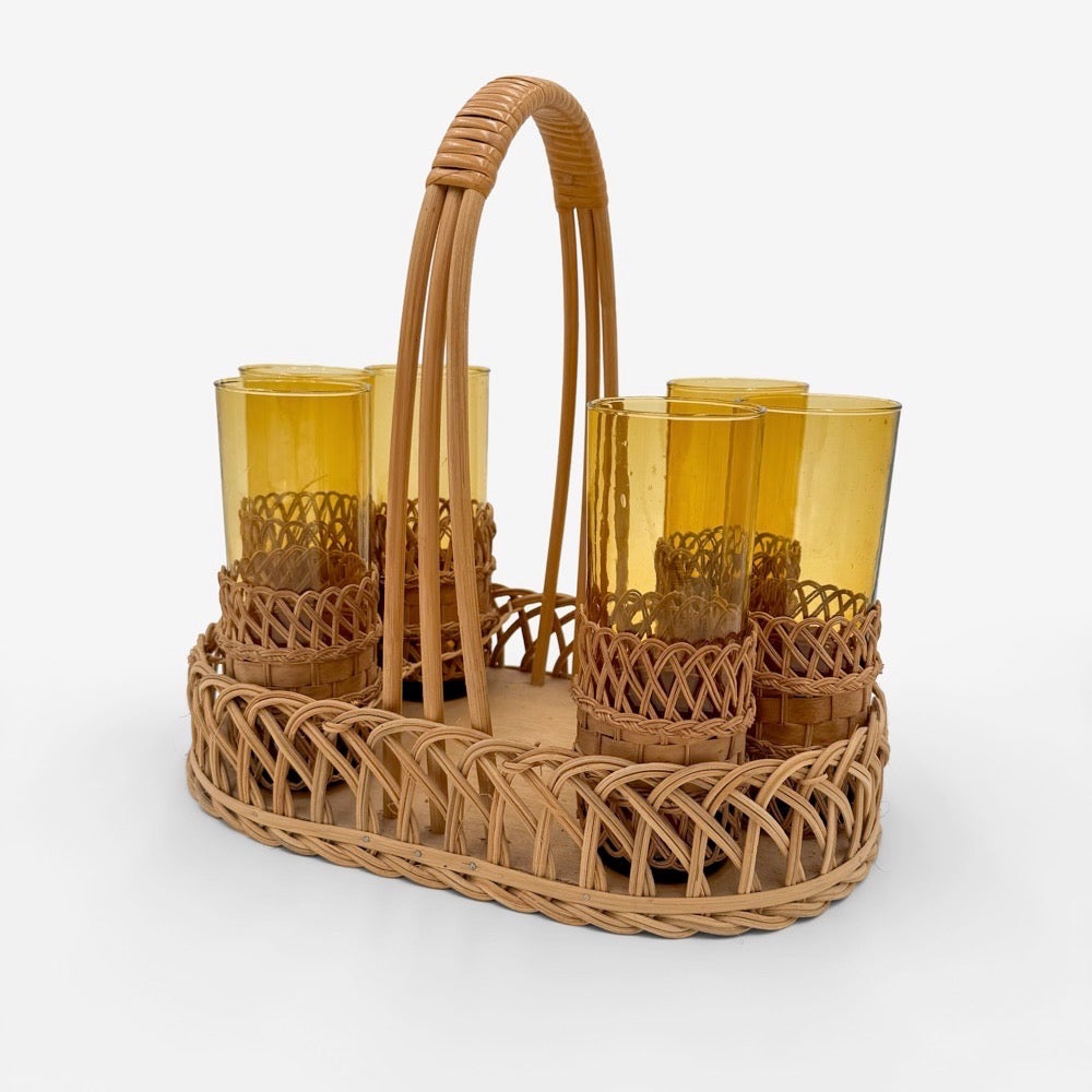 Service à orangeade verres ambrés et panier osier 60's