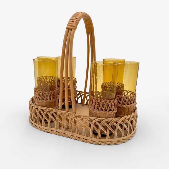 Service à orangeade verres ambrés et panier osier 60's