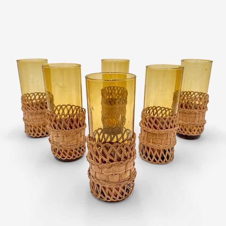 Service à orangeade verres ambrés et panier osier 60's