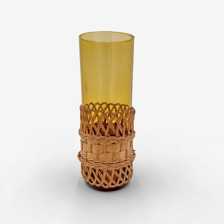 Service à orangeade verres ambrés et panier osier 60's