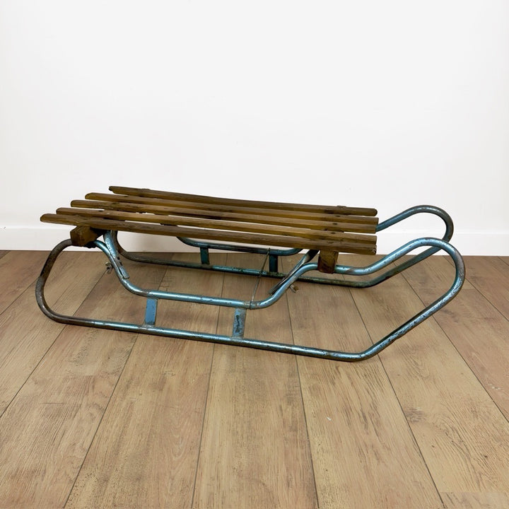 Ancienne luge bois et métal bleu années 50