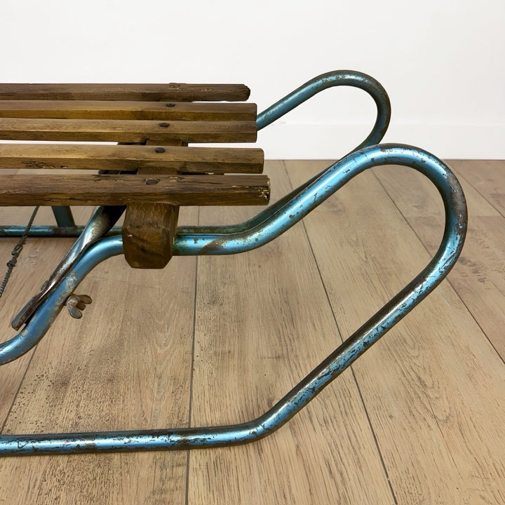 Ancienne luge bois et métal bleu années 50