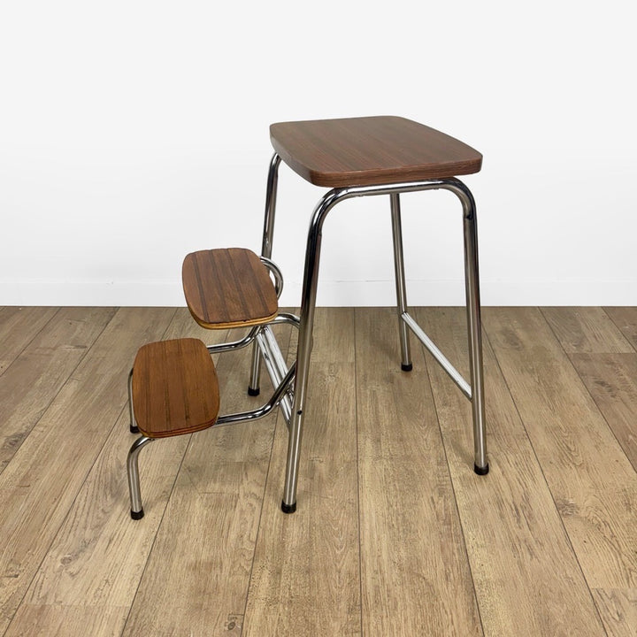 Escabeau 3 marches bois métal et Formica années 70