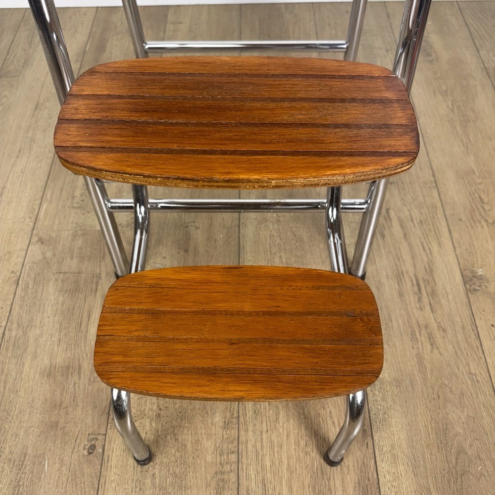 Escabeau 3 marches bois métal et Formica années 70