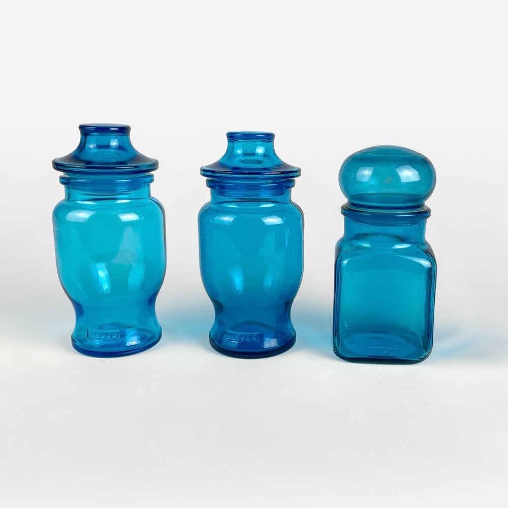 3 bocaux publicitaires en verre bleu moulé années 70