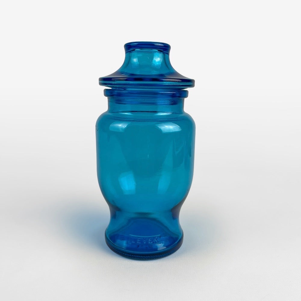 3 bocaux publicitaires en verre bleu moulé années 70