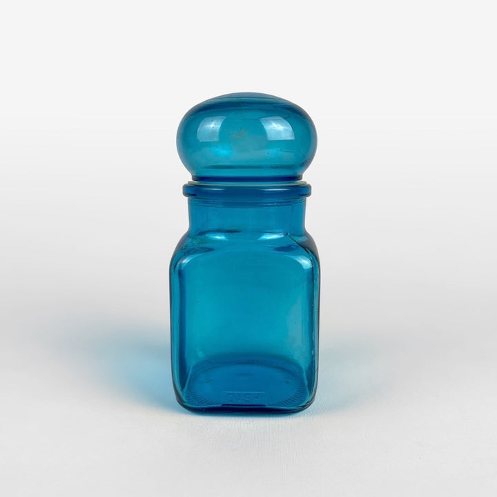 3 bocaux publicitaires en verre bleu moulé années 70
