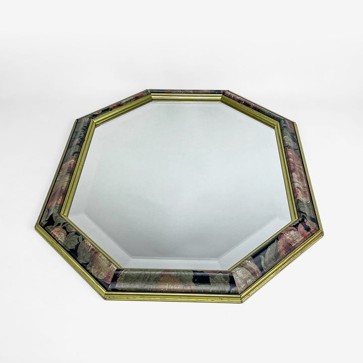 Miroir octogonal au décor fleuri  peint années 80