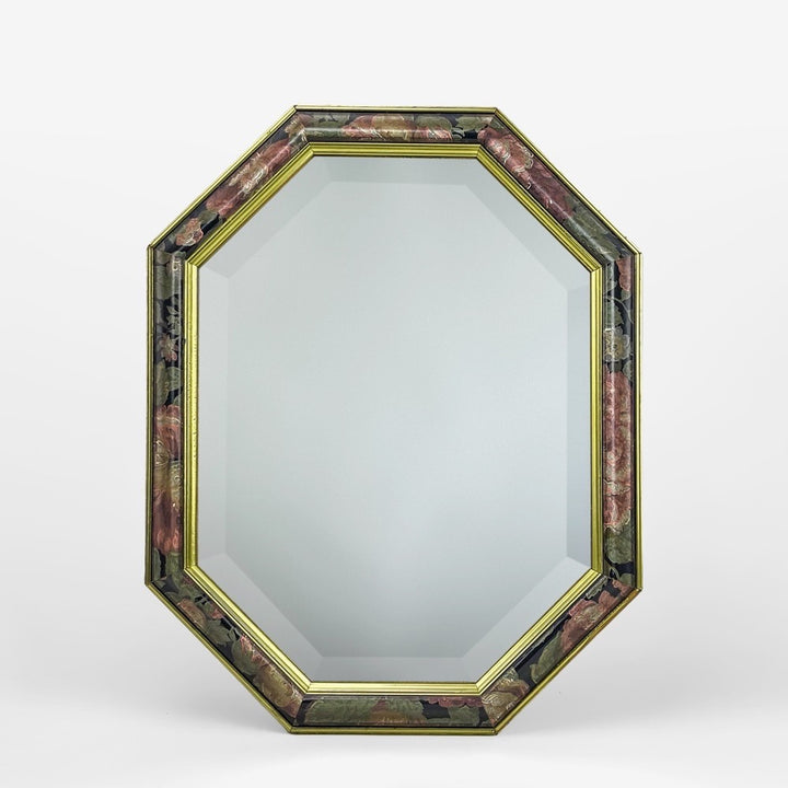 Miroir octogonal au décor fleuri  peint années 80