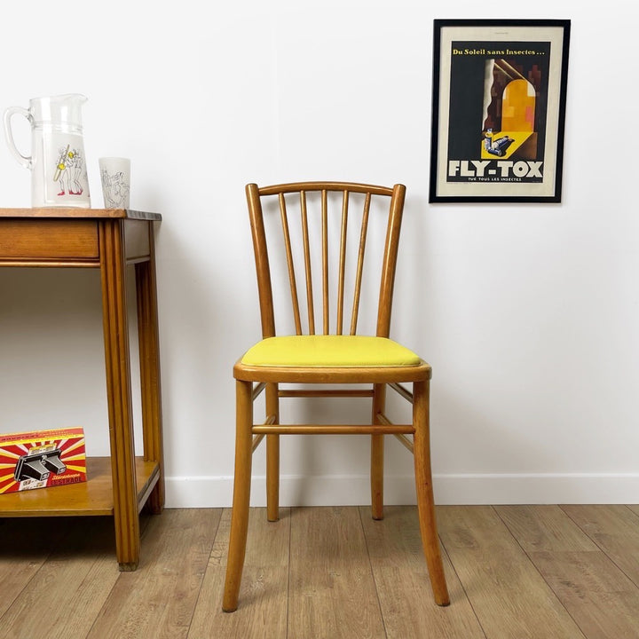 Chaise bistrot bois blond et vinyle jaune années 60