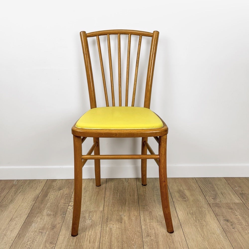Chaise bistrot bois blond et vinyle jaune années 60