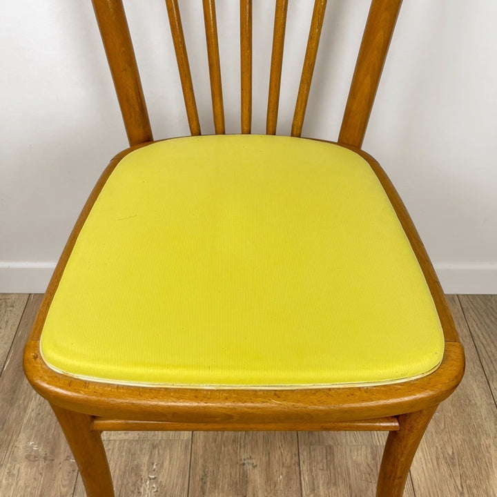 Chaise bistrot bois blond et vinyle jaune années 60