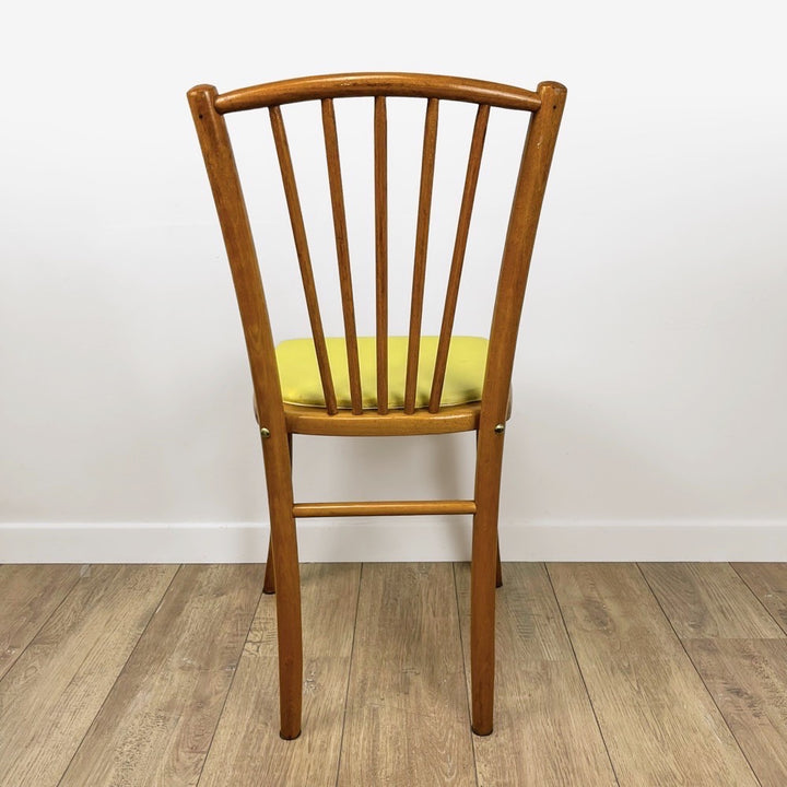 Chaise bistrot bois blond et vinyle jaune années 60