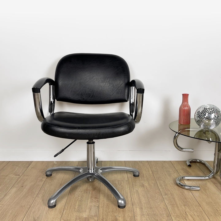Fauteuil coiffeur skaï noir et chrome années 80