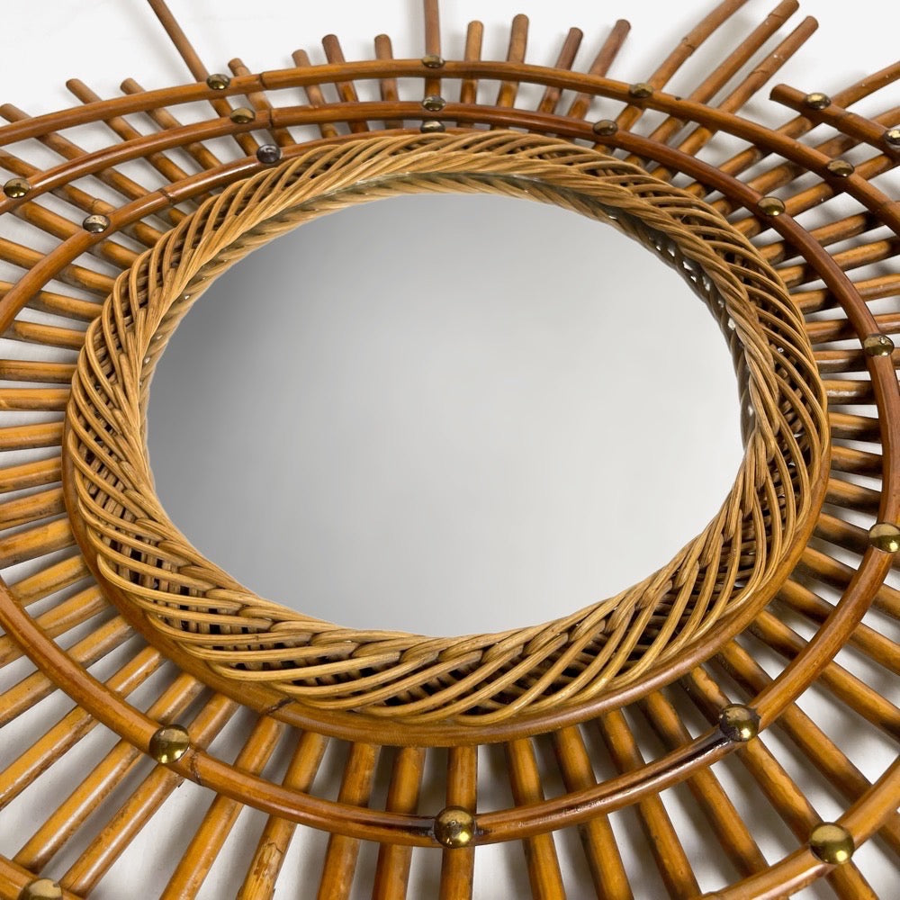 Miroir soleil ORTF rotin années 60