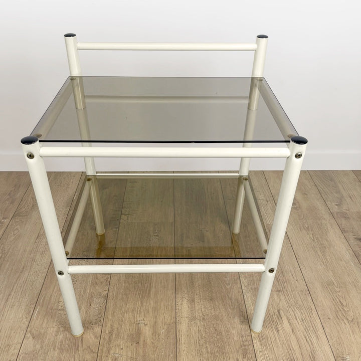 Paire de chevets métal et double plateau verre fumé années 80